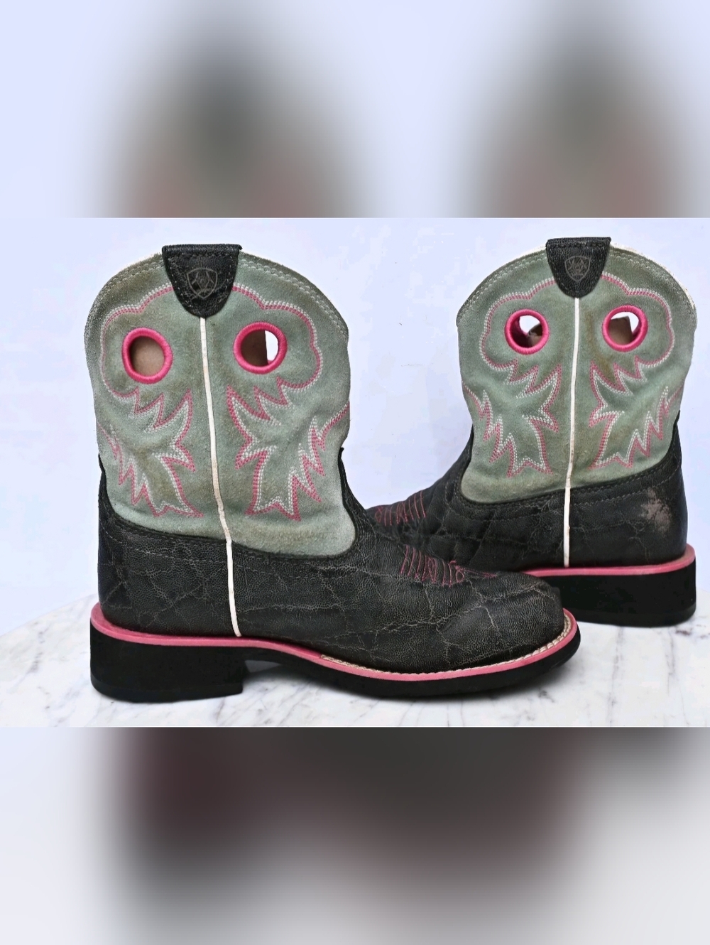 P Ariat Fatbaby Sheila Western Equestrian Boots charcoal green pink Sz 5 - Picture 3 of 5